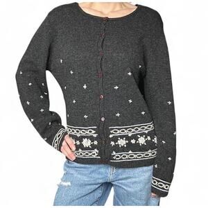 Vintage 100% Wool Woman’s Grey Button Up Cardigan Sweater Floral Embroidered XL